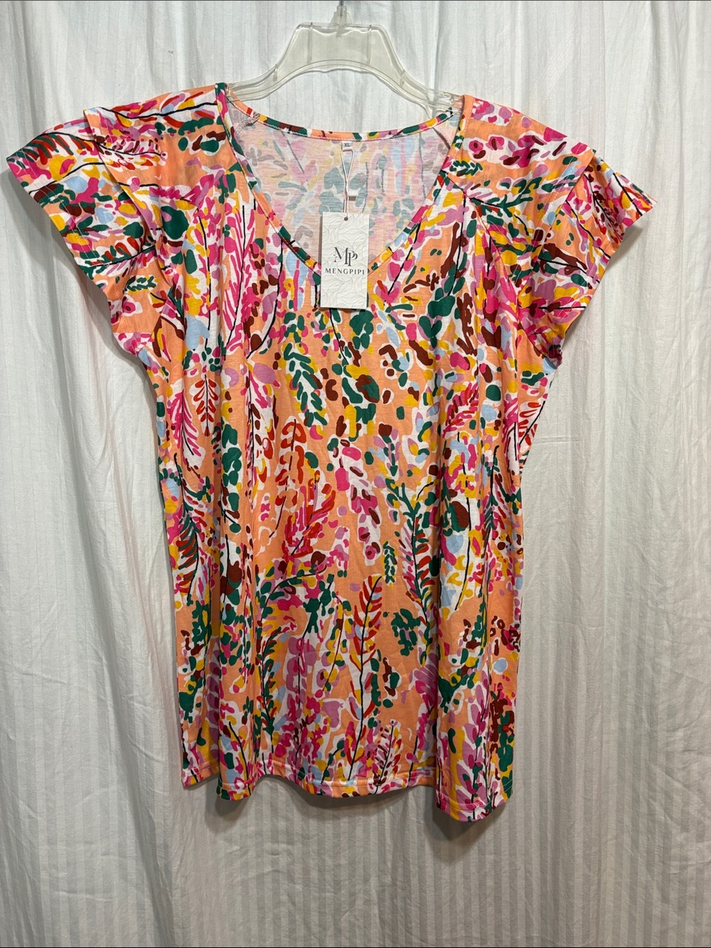 Piper Floral V-Neck Flutter Sleeve Tee in Pink & Peach